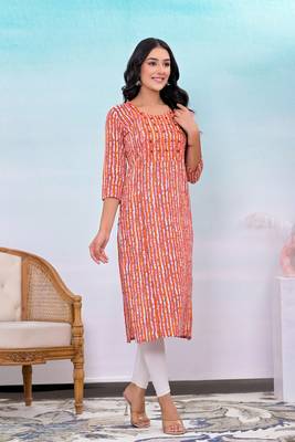 Orange printed embroidered work rayon straight kurta 3