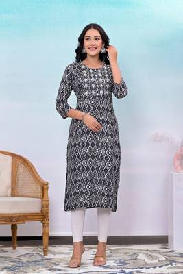 Black printed embroidered work rayon straight kurta 1