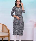 Black printed embroidered work rayon straight kurta