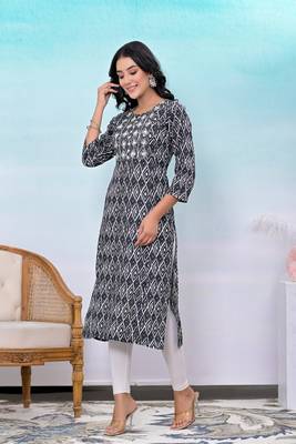 Black printed embroidered work rayon straight kurta 3