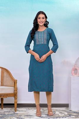 Teal blue printed embroidered work rayon straight kurta 1