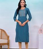 Teal blue printed embroidered work rayon straight kurta