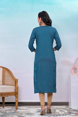 Teal blue printed embroidered work rayon straight kurta 2