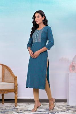 Teal blue printed embroidered work rayon straight kurta 3
