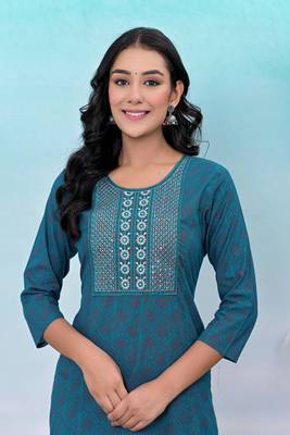 Teal blue printed embroidered work rayon straight kurta 4