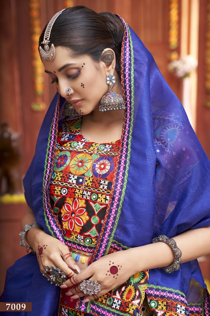 Multicolour Cotton Silk Threadwork Navratri Lehenga Choli 