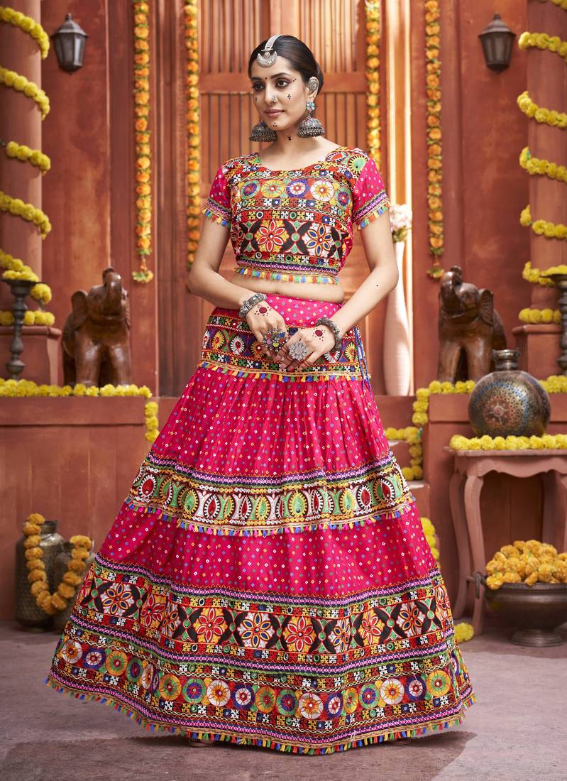 Multicolour Cotton Silk Threadwork Navratri Lehenga Choli 