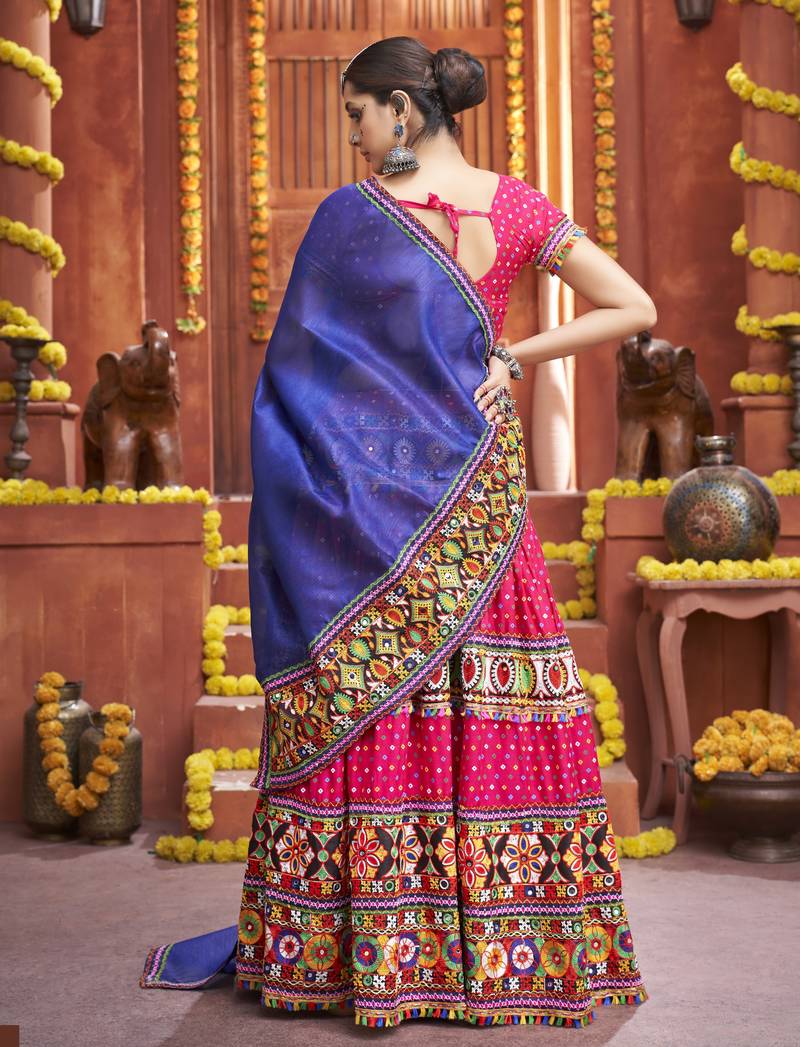 Multicolour Cotton Silk Threadwork Navratri Lehenga Choli 