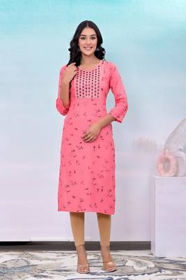 Peach printed embroidered work rayon straight kurta 1