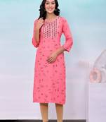 Peach printed embroidered work rayon straight kurta