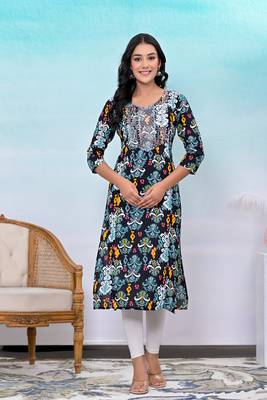 Black printed embroidered work rayon straight kurta 1