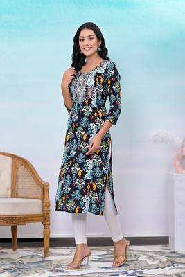 Black printed embroidered work rayon straight kurta 3