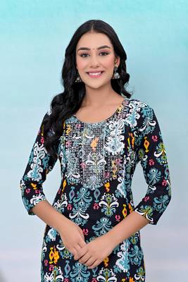 Black printed embroidered work rayon straight kurta 4