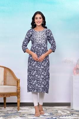 Grey printed embroidered work rayon straight kurta 1