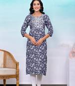 Grey printed embroidered work rayon straight kurta