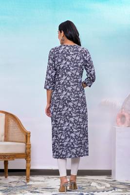 Grey printed embroidered work rayon straight kurta 2