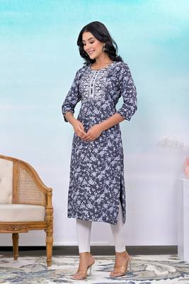 Grey printed embroidered work rayon straight kurta 3