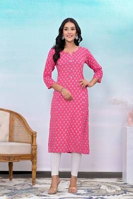 Pink printed button work rayon straight kurta 1