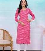 Pink printed button work rayon straight kurta
