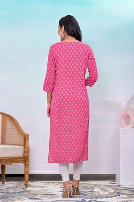 Pink printed button work rayon straight kurta 2