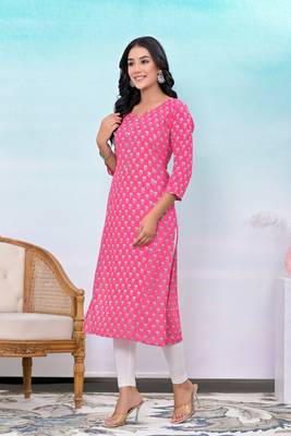 Pink printed button work rayon straight kurta 3