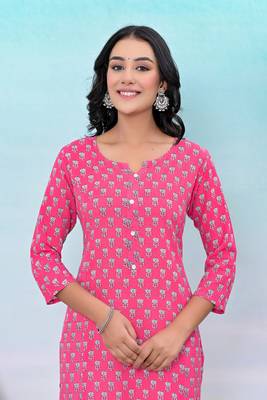 Pink printed button work rayon straight kurta 4