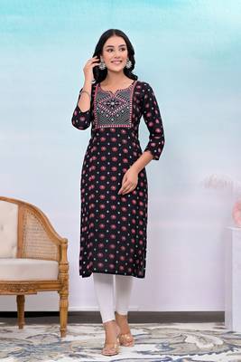 Black printed embroidered work rayon straight kurta 1