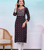 Black printed embroidered work rayon straight kurta