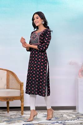 Black printed embroidered work rayon straight kurta 3
