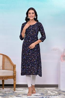 Black printed button work rayon straight kurta 1
