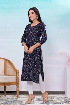 Black printed button work rayon straight kurta 3