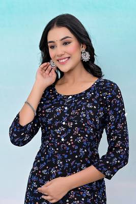 Black printed button work rayon straight kurta 4