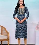 Teal blue printed embroidered work rayon straight kurta