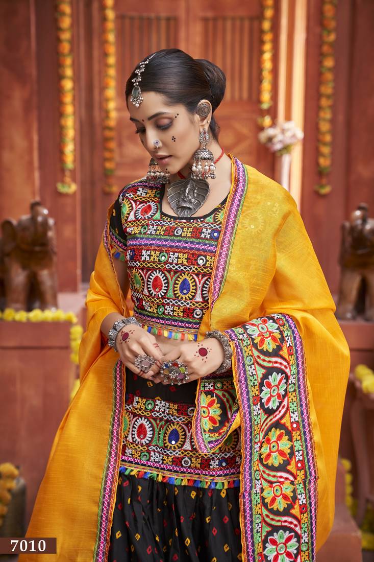 Multicolour Cotton Silk Hand Embroidered Navratri Lehenga 