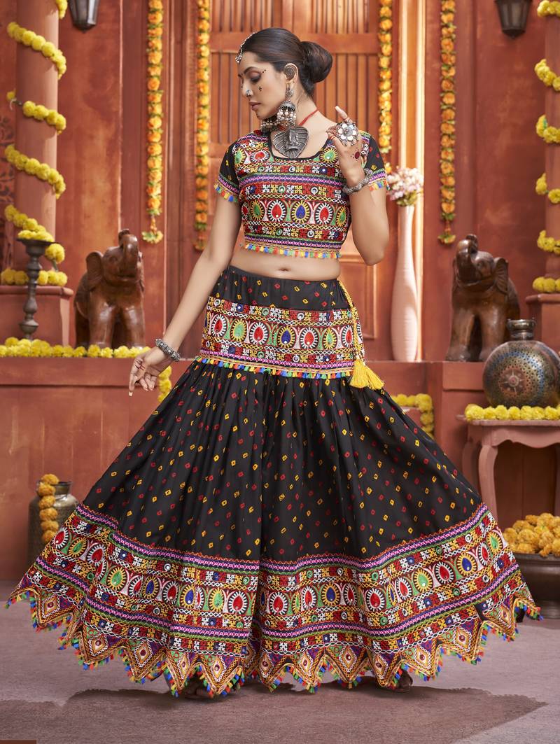 Multicolour Cotton Silk Hand Embroidered Navratri Lehenga 