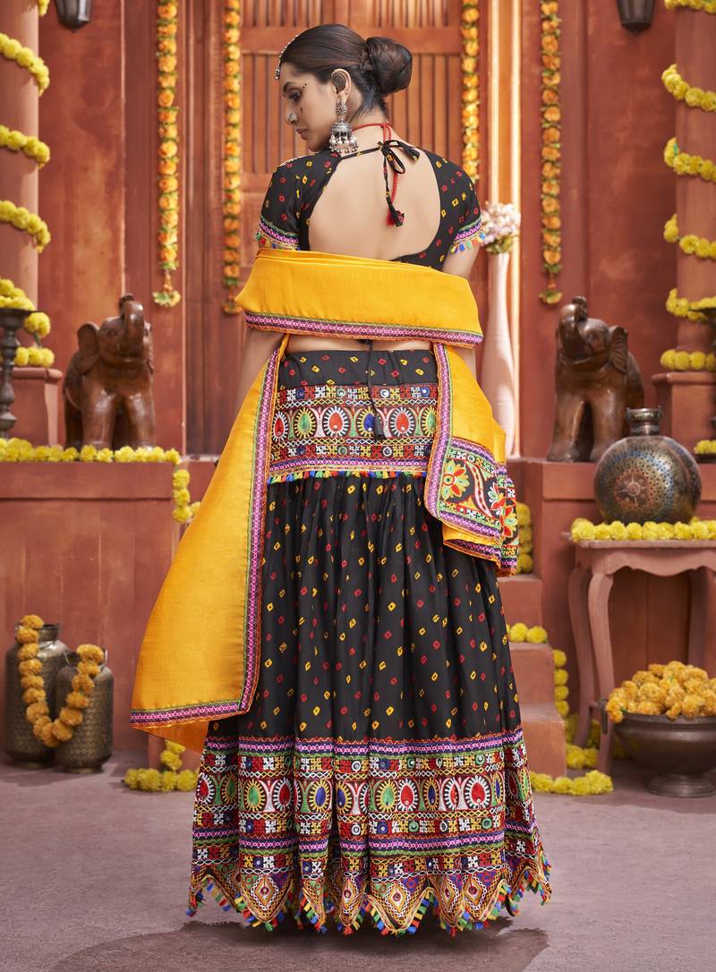 Multicolour Cotton Silk Hand Embroidered Navratri Lehenga 