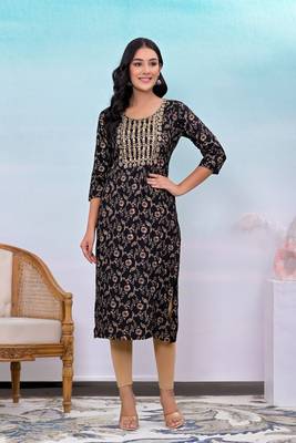 Black printed embroidered work rayon straight kurta 1