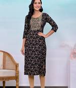 Black printed embroidered work rayon straight kurta