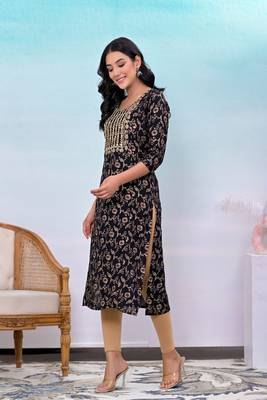 Black printed embroidered work rayon straight kurta 3