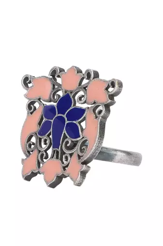 Oxidized adjustable blue finger ring