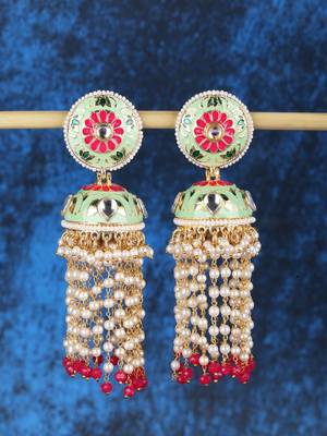 Gold-plated stone-studded & beaded contemporary jhumkas 2