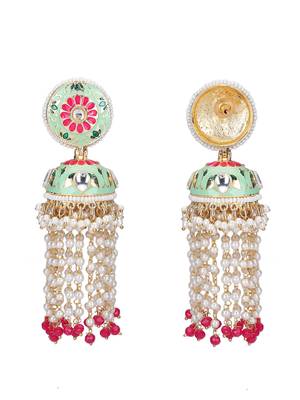 Gold-plated stone-studded & beaded contemporary jhumkas 4