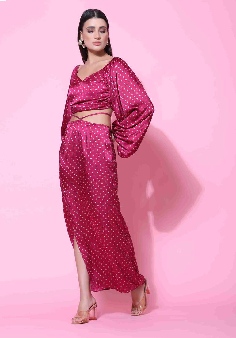 Polka dott satin maroon dress for women