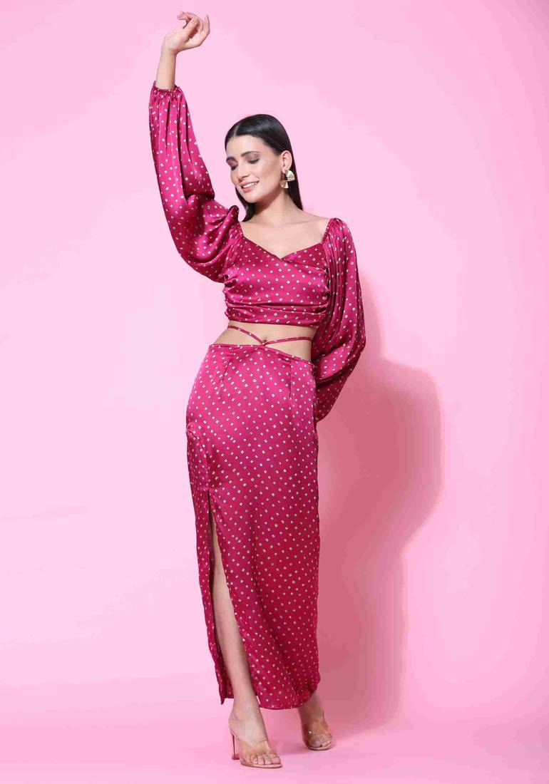 Polka dott satin maroon dress for women