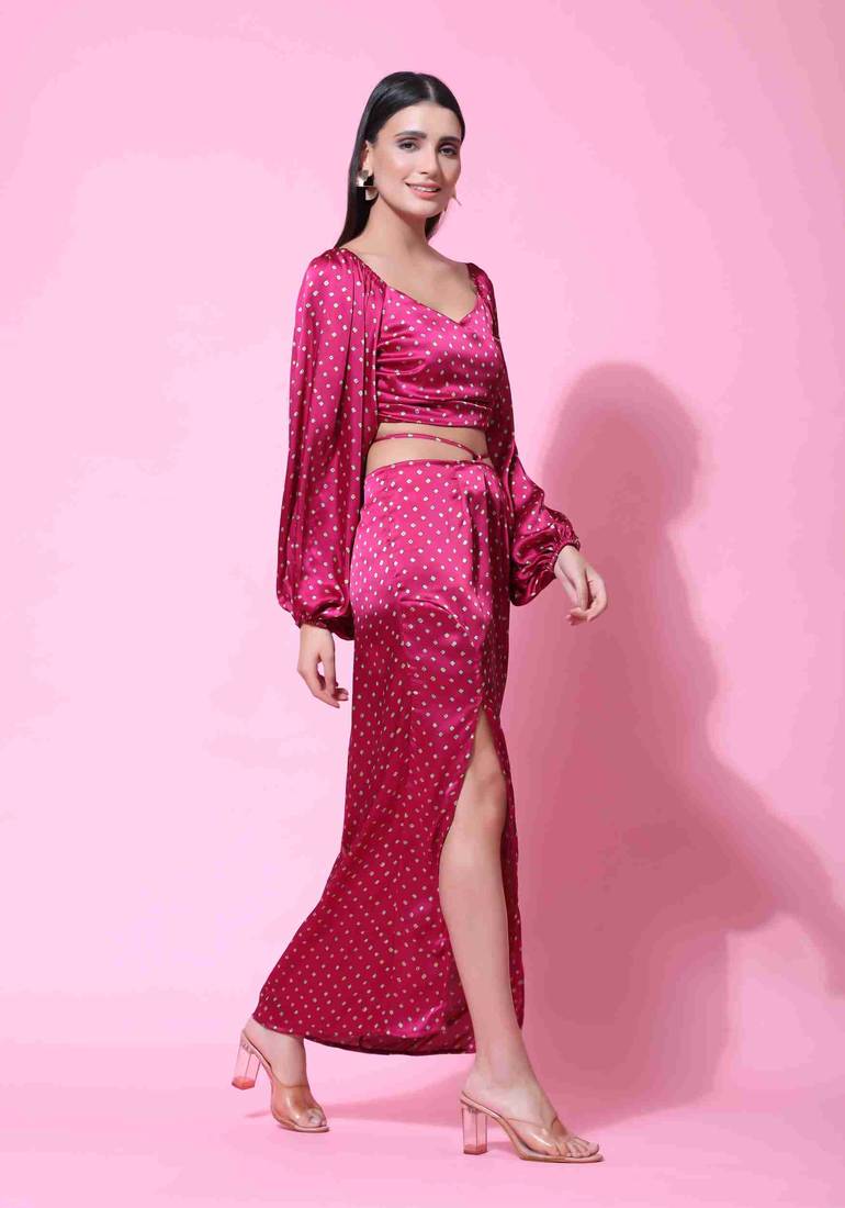 Polka dott satin maroon dress for women