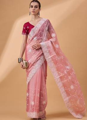 Peach Organza Sequence Embroidered Saree With Unstitched Blouse Piece 1