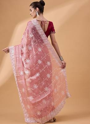 Peach Organza Sequence Embroidered Saree With Unstitched Blouse Piece 2