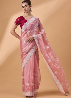Peach Organza Sequence Embroidered Saree With Unstitched Blouse Piece 3