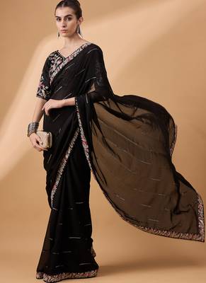 Black chiffon embroidered saree with stitched blouse 1