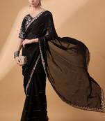 Black chiffon embroidered saree with stitched blouse
